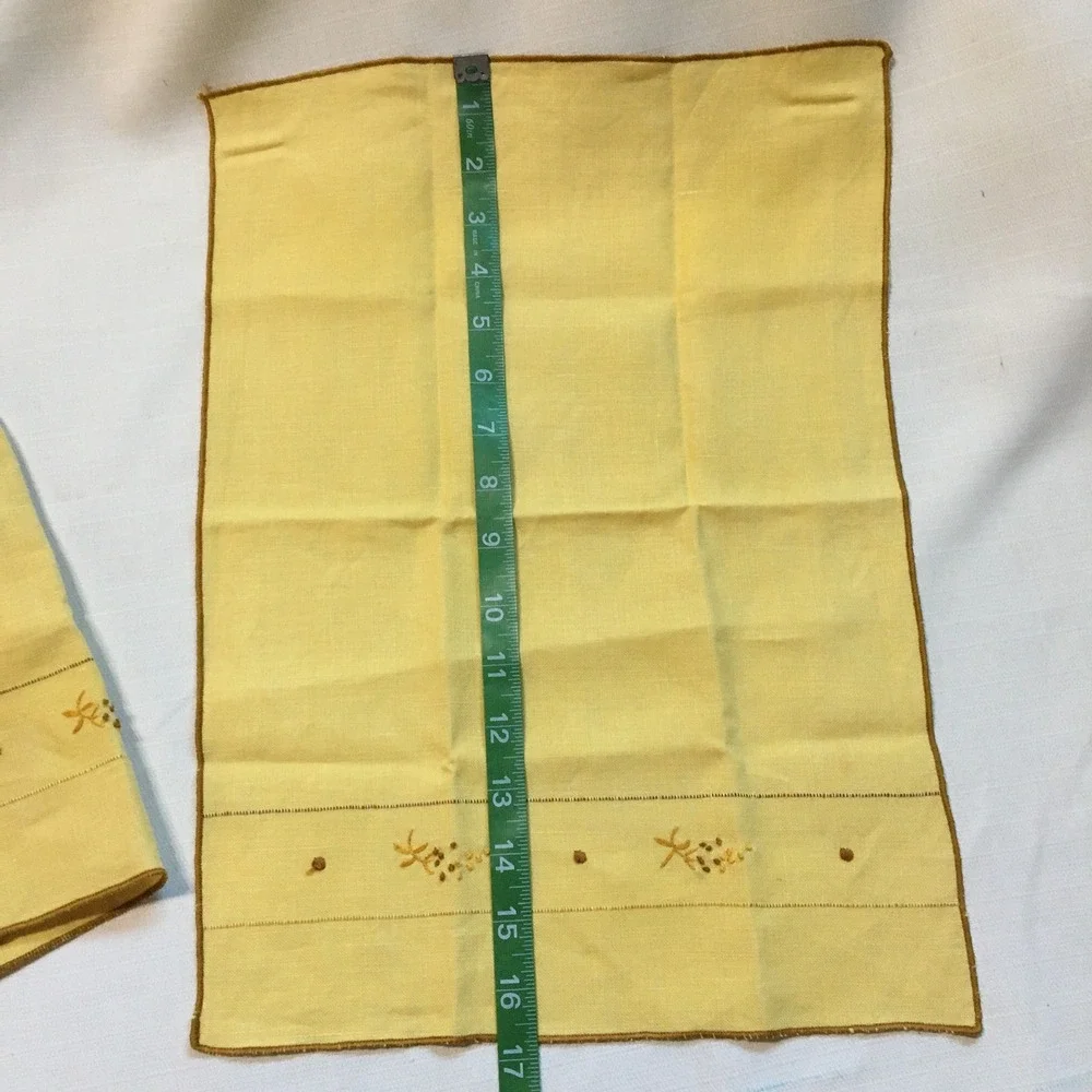 Vintage Yellow Embroidered‎ Linen Napkins Set Small Table Linens Decor